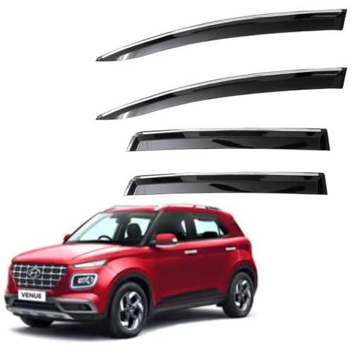 Image of CAR SAAZ Unbreakable Chrome Smoke Door Visor for Venue (2019-2022) | Premium Sun, Rain Wind Deflector Chrome Strip Side Door Rain Visor - Set of 4 Pcs