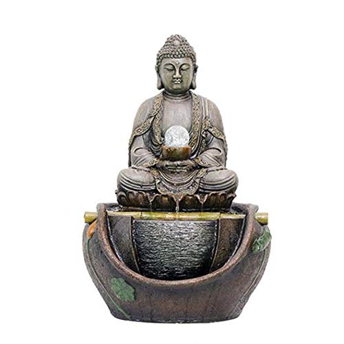 Indoor Tabletop Water Fountain Buddha Statue Water Flowing Fountain Indoor Flowing Water Fortune Chinese Resin Craft Decoration Home Decor LED Light (Color : Photo Color, Size : 37x34x58cm)