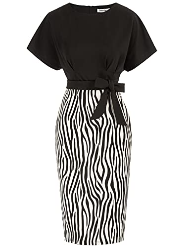 JASAMBAC Plus Size Pencil Dress with Belt Casual Business Work Dress for Women Office Zebra Print XXL