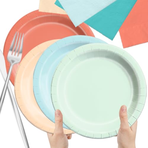 Image of CMUSKO Beach Theme Party Decorations - 150pcs Aqua Blue Coral Pastel Plates and Napkins Luau Hawaiian Tropical Teal Blue Tableware Serves 50 for Birthday,Baby Shower