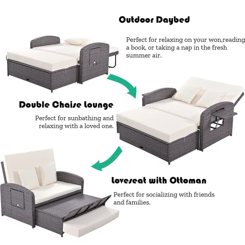 Aocoroe Outdoor Furniture Set For 2 Patio Daybed With Protect,Pe Wicker Outdoor Loveseat With Footrest, Recliner Double Chaise Lounge With Cushions Pillows And Cup Tray 5 Level Adjustment #TOP2