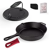 Cuisinel Cast Iron Skillet + Grill Press + Scraper Set - 10"-inch Pre-Seasoned Frying Pan + Silicone Handle Grip - 7" Round Burger Smasher - Indoor/Outdoor, Stove, Oven, Grill Safe Kitchen Cookware