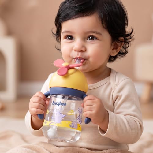 Image of BAYBEE Daffodil 330 ml Baby Sipper Bottle for Kids, Anti Spill Sipper Cup with Soft Silicone Straw with Handle & Rotating Fan | Sippy Cup with BPA Free & Non Toxic for Baby Toddlers 6 Months+ (Pink)