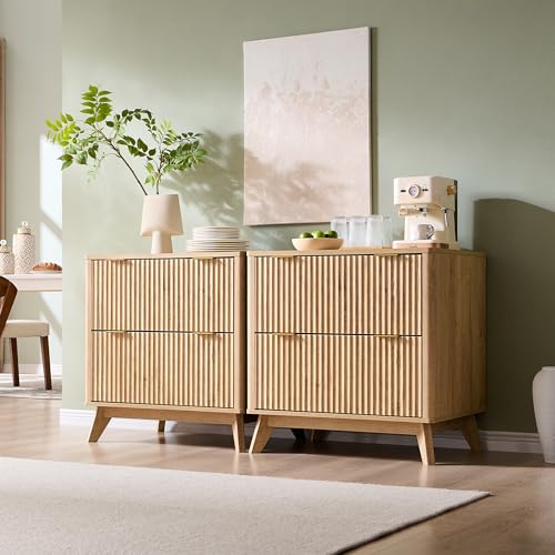 T4TREAM Set of 3 Modern Fluted Sideboard Buffet Cabinet with Drawers Storage, 90\" Modular Accent Cabinet for Credenza, Entryway & Hallway, Natural Oak