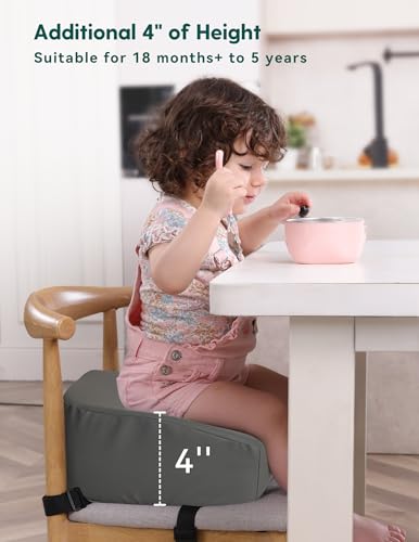 Image of Babelio Ergo-Designed Booster Seat for Kitchen Chair, Promote Proper Upright Posture, Toddler Booster Seat for Dining Table, Suitable for 18 Months to 5 Years, Faux PU Leather Cover, Dark Grey