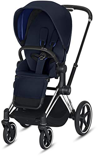 Cybex Priam 3 Complete Stroller, One-Hand Compact Fold, Reversible Seat, Smooth Ride All-Wheel Suspension, Extra Storage, Adjustable Leg Rest, Indigo Blue with Chrome/Black Frame