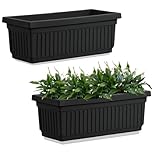 Khanary 2x Large Plastic Trough Planter 70cm – Rectangular Black Window Box for Flowers, Herbs, Vegetables, Plants,Small Bushes –Windowsill Rippled Finish – Outdoor/Indoor Optional Drainage Holes