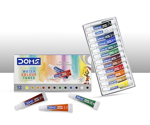 Doms Non-Toxic Water Colour Tube Set in Cardboard Box (12 Assorted Shades, 1 Paint Brush & 1 Palette)