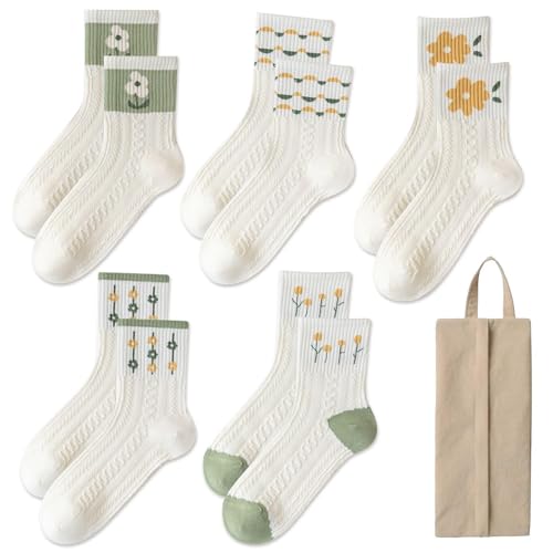 SGSCFG 5 Paires De Chaussettes À Tube Moyen Floral, Sac À Mémoire De Chaussettes, Femmes, Tubes Moyens, Élastiques, Blanc, Taille Unique, Décontracté