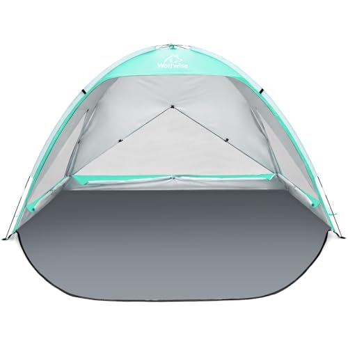 Wolfwise Refugio de playa con protección UV, 3 ventanas de ventilación y bolsa de transporte, tienda de campaña para playa con suelo extensible para privacidad, 4 personas, color verde menta