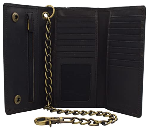 Men's RFID Signal Blocking Biker's Vintage Black Leather Long Tri-fold Chain Checkbook Card ID Wallet4