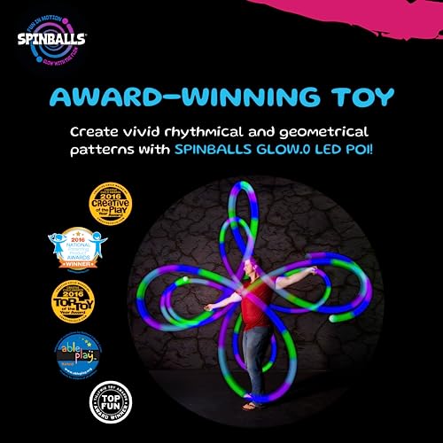 Spinballs Glow.0 LED Poi Balls Glow – USB Rechargeable with 22 Vibrant Color Light Modes & Patterns – Durable, Soft-Core LED Poi Spinning Balls with Adjustable Leashes & Double-Loop Handles