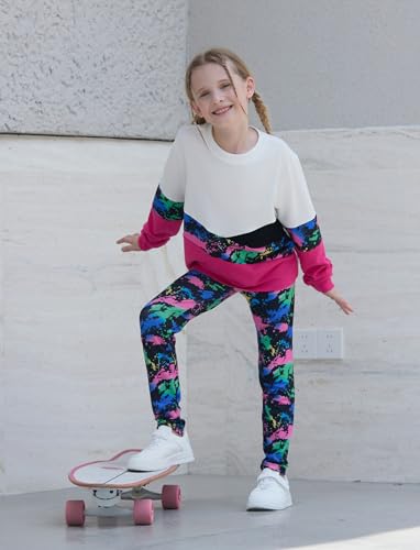 Image of PATPAT Girls 2 Piece Outfits Size 12-13 Years, Tie Dye Color Block Sweatshirts and Leggings Clothing Sets Sweatsuit Fall Outfits Joggers Lounge Set Tracksuit Preppy Clothes for Girls