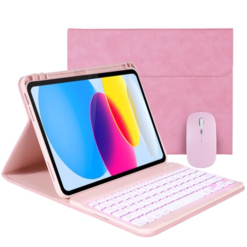Case Keyboard for 11 inch iPad 11th (A16, 2025) / 10th Generation,Mouse and Detachable Wireless 7 Color Rainbow Backlight Magnetic Keyboard,Premium PU Leather Cover with Auto Sleep/Wake,Pink