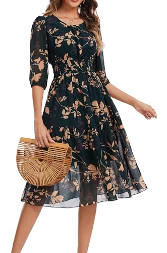 Image of Kormei Women Casual Boho Floral Round Neck 3 /4 Sleeve Smocked Waist Tiered A Line Flowy Swing Midi Dress Long Dresses