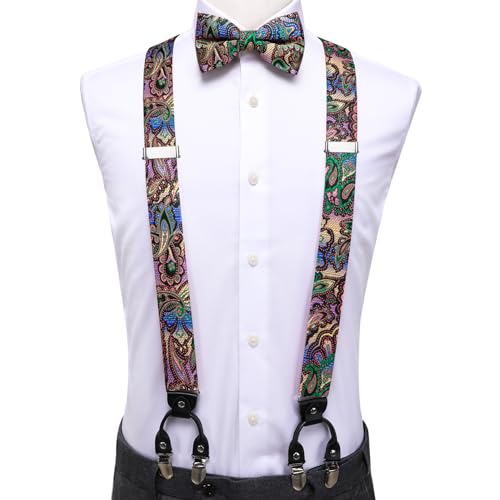 Image of Dubulle Suspender and Bow Tie for Men Paisley Solid Mens Suit Braces Pretied Bowtie and Handkerchief Cufflinks Formal Wedding