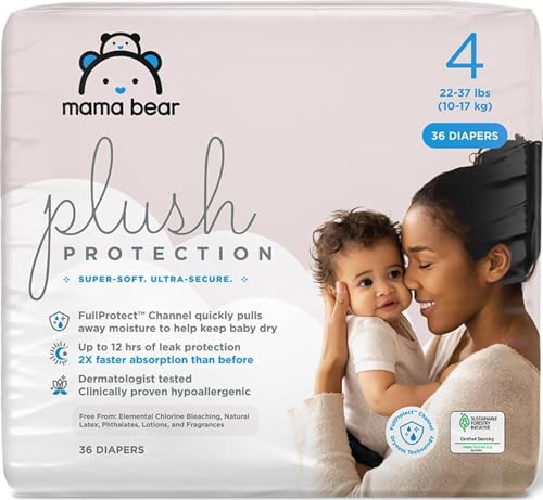 Image of Amazon Brand - Mama Bear Plush Protection Disposable Baby Diapers, Hypoallergenic, Fragrance-Free, Leak Protection, Size 4, 36 Count, White and Cloud Dreams