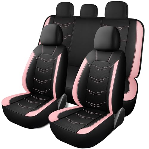 HChengkikz Pink Seat Covers Breathable and Sport Seat Covers Anti-Slip Universal Fit Car Seat Covers Full Set for Cars Sedans SUV and Truck (Full Seat Black+Pink)