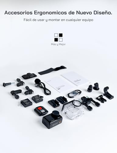 WOLFANG GA420 Cámara Deportiva Doble Pantalla 4K 60FPS 24MP, 10M Cuerpo/40M Impermeable, WiFi Webcam Videocámara Subacuática, Micrófono Dual, Control Remoto, EIS, 2x1350mAh Baterías,Accesorios - imagen 9