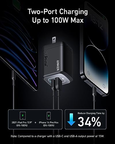 Image of Anker Prime 100W USB C GaN Charger, 3-Port Compact Fast PPS Charger, for MacBook Pro /Air, Pixelbook, iPad, iPhone 16 /Pro, Galaxy S23 /S22, Note20, Pixel, Apple Watch, and More