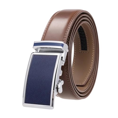 Men's Solid Color Automatic Belt, 3.5Cm Metal Buckle Work Belt, Handmade Brown Blue 115cm