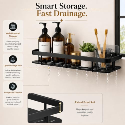 Image of JD FRESH Self Adhesive Bathroom Shelf for Wall, Aluminium Holder Stand, Wall Mounted Bathroom Shelves Rack for Bathroom Accessories Organiser, with Drill and Without Drill - Black