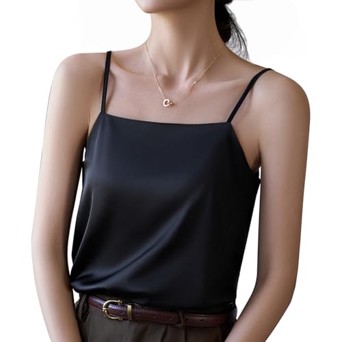 [Libetter] キャミソール サテン キャミ インナー 下着 上品 透けない 光沢感 ツルツル (ブラック, M)