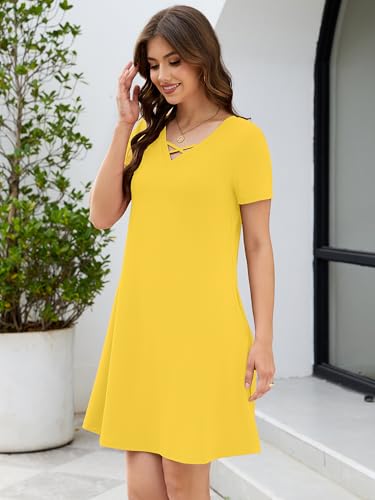 Image of KORSIS Women's Dresses Summer Casual T-Shirt Short Sleeve Criss Cross V Neck Swing Beach Vacation Sundress Dress with Pockets