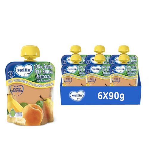 Mellin Merenda, Frutta Mista, Pera, Banana e Albicocca, 6x90g