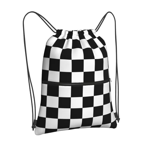 Image of Checkerboard Drawstring Bags, Outdoor Sports Black White Race Cinch String Bag, Waterproof Gym Drawstring Backpack, Men Women Large Capacity Cinch Sackpack with Zippered Pocket