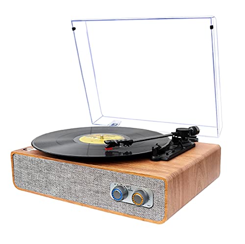 Record Player Bluetooth Vinyl Record Player with Magnetic Cartridge Vintage 3 Speed Turntable with Counterweight RCA Output Record Player with Speakers, Brown Wood