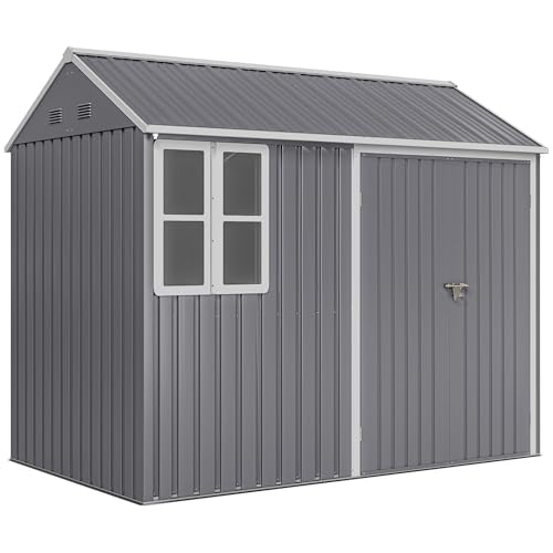 Outsunny 8 x 6 ft Garden Shed, Metal Shed with Double Doors, Window and Air Vents, Galvanised Outdoor Lockable Tool Storage House, Grey