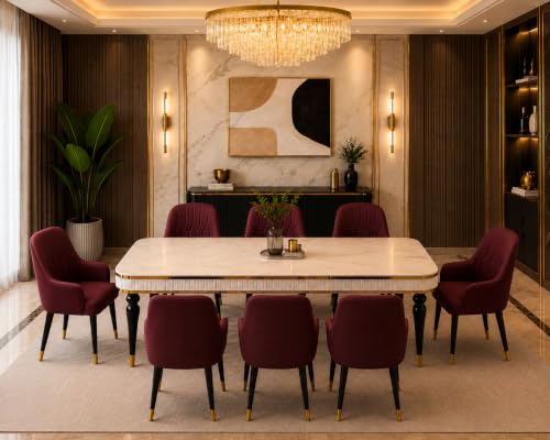 Image of 8 Seater Dining Table Set with Nano Composite Marble Top, Solid Wood Base & 8 Upholstered Chairs, Modern Dining Table Set for Home & Dining Room Furniture