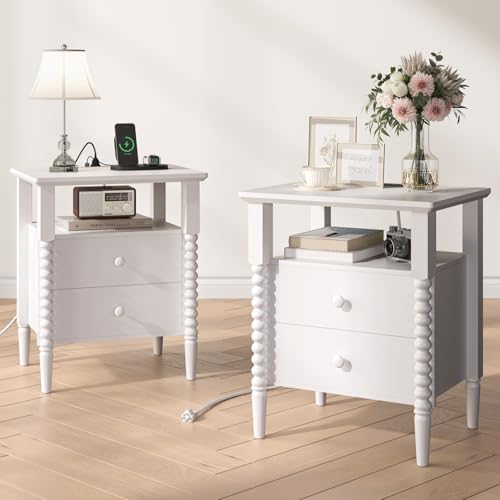 JOINICE White Night Stand Set 2, Vintage Nightstand with Charging Station, Modern Bedside Table with 2 Drawers, End Table with Solid Wood Legs, Bed Side Tables for Bedroom, White