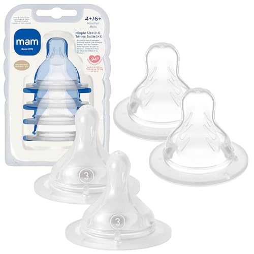 Image of MAM Baby Bottle Nipple Mixed Flow Pack, Fast Slow Size 3 & Extra Fast Flow Size 4, Newborns 4+ Months, Skin Soft BPA Free Silicone, 94% Nipple Acceptance, Fits All MAM Bottles, 4 Pack, Made in Europe