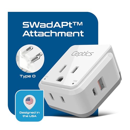 Image of Ceptics Thailand Travel Adapter Set, PAK KIT 20W PD & QC, Type O - 3.1A - 4 in 1-2 USA Inputs, 1 USB Port, 1 USB-C Port - Compact, Powerful - Includes Type O Swadapt Attachments