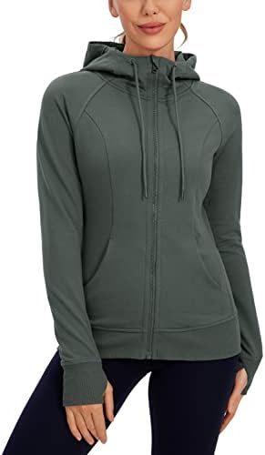 CRZ YOGA Women’s Full Zip Hooded Sweatshirts Workout Sweat Jackets Slim Fit Running Track Hoodies with Thumbholes