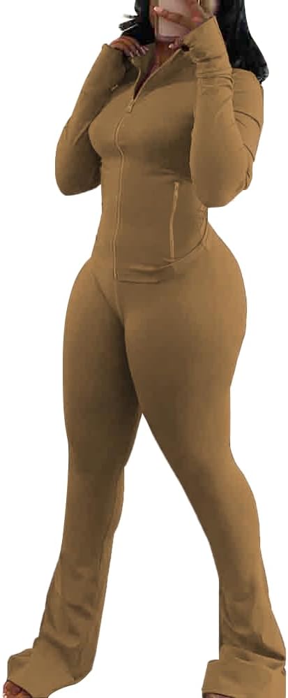 HBQ Women's 2 Piece Tracksuit Sets Long Sleeve Zip Up Crop Tops and Flare Pants Casual Workout Oufit Jogger Loungewear Set-Coffee-S