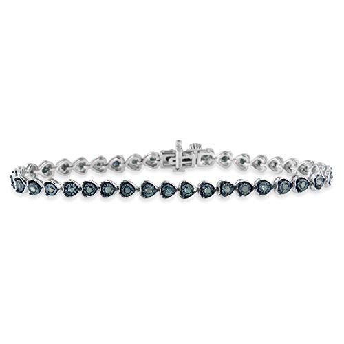 Original Classics Black Rhodium Over .925 Sterling Silver 1.0 Cttw Miracle Set Diamond Heart-Link 7" Tennis Bracelet (Blue Color, I2-I3 Clarity) #TOP1
