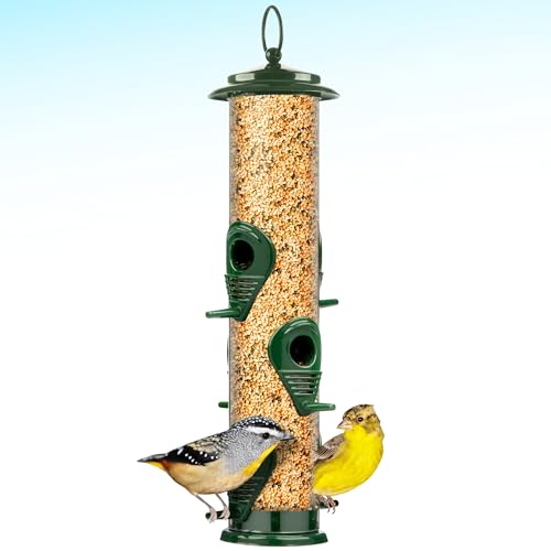 Bird Feeders for Outdoors (Green) Squirrel Proof Hanging Bird Feeder with Locking Lid & Adjustable Hanger, Chew-Proof, Weather Resistant 15 Inches 6 Port