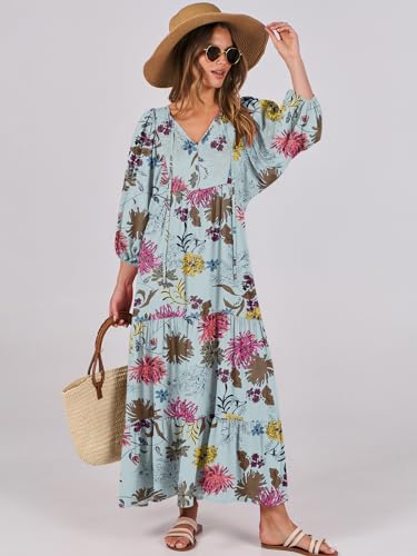 Image of ANRABESS Womens Boho Floral 3 /4 Puff Sleeve Maxi Dress | Tiered Flowy Loose Fit, Comfy Soft Rayon Fabric, Wedding Guest Church Beach, Modest Elegant, Spring Summer Fall Outfits