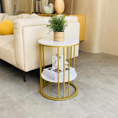 Image of Coffee Table Round Marble Print Sofa Side Telephone Corner Table Snack End Table Metal Dining Chair Center Table for Livingroom Bedroom Furniture (Gold White)