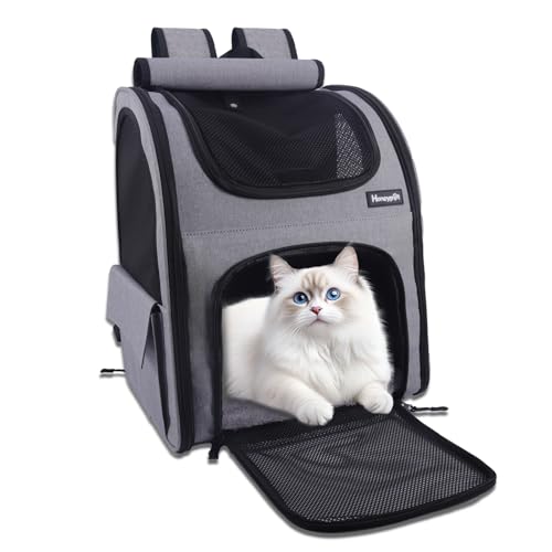 Honeypet ペットキャリーバッグ 猫バッグ 犬キャリーリュック 8kg耐荷重 通気性 安定性 折り畳み収納 カーテン付き 携帯便利 犬/猫/小動物適用 旅行 通院 散歩 電車移動 災害避難用 外出用 ペットバッグ (グレー) - honeypet - 商品画像