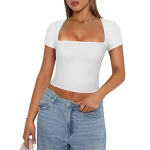 REORIA Women’s Sexy Basic Square Neck Short Sleeve Double Lined Tight T Shirts Crop Tops