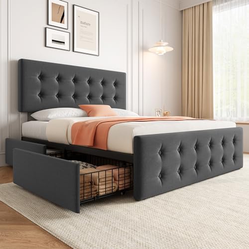 GarveeHome Full Size Bed Frame with 4 Storage Drawers and Headboard, Linen Upholstered Platform Bed Frame with Wooden Slats Support, Button Tufted Des