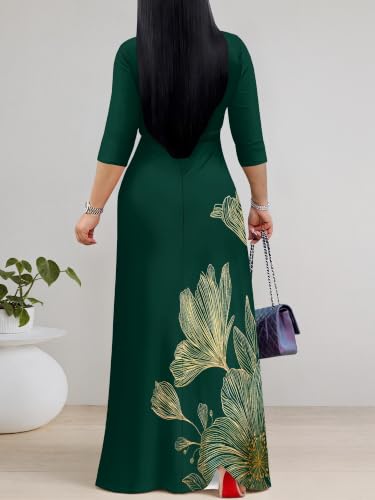 Image of PinkPatty Women's Plus Size Maxi Dresses Casual Flowy 3 /4 Sleeves Dress Printed Vacation Dress for Daily Wear with Belt