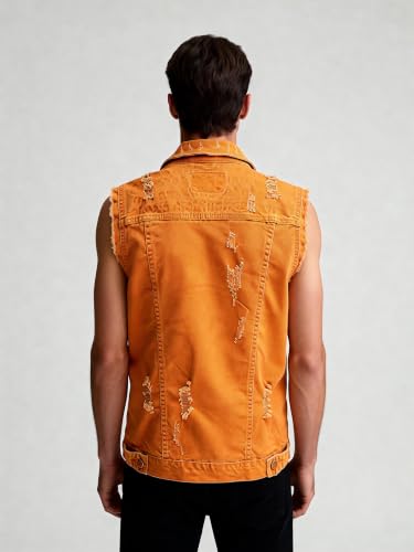 Image of Men's Sleeveless Ripped Denim Vest Casual Slim Fit Button Down Jeans Vests Jacket