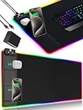 XXL Mouse Pad with Phone Holder, RGB Desk Mat with 15W Fast Charging, LED Large Gaming Mouse Pad with 11 Lights Colors, Long Mouse Pads, Waterproof Non-Slip Desk Pad for Gamer Esports Pros