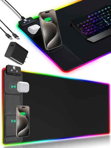 XXL Mouse Pad with Phone Holder - Black, RGB Desk Mat with...