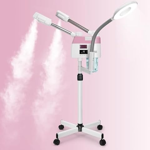Professional Facial Steamer, 3 in 1 Facial Steamer with 5X Magnifying Lamp Hot&Cool Mist, Esthetician Steamer on Wheels, Stand Face Steamer with Time Setting for Home Salon Spa Cover